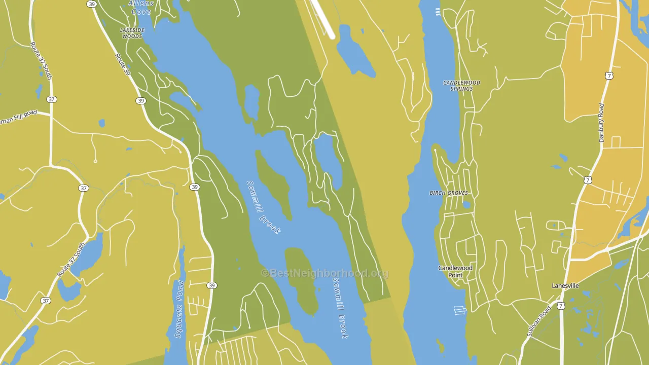 Map of the best neighborhoods in the Candlewood Point area, with better matches in green and worse matches in red