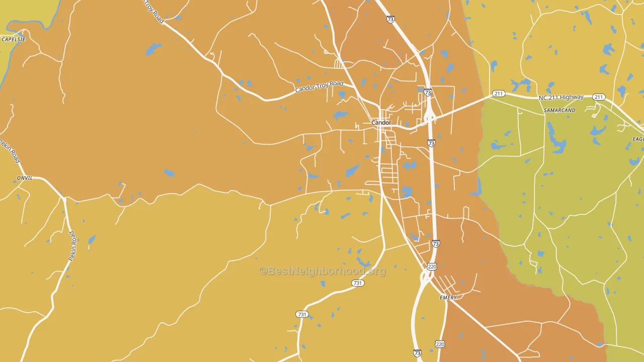 Map of the best neighborhoods in the Candor area, with better matches in green and worse matches in red
