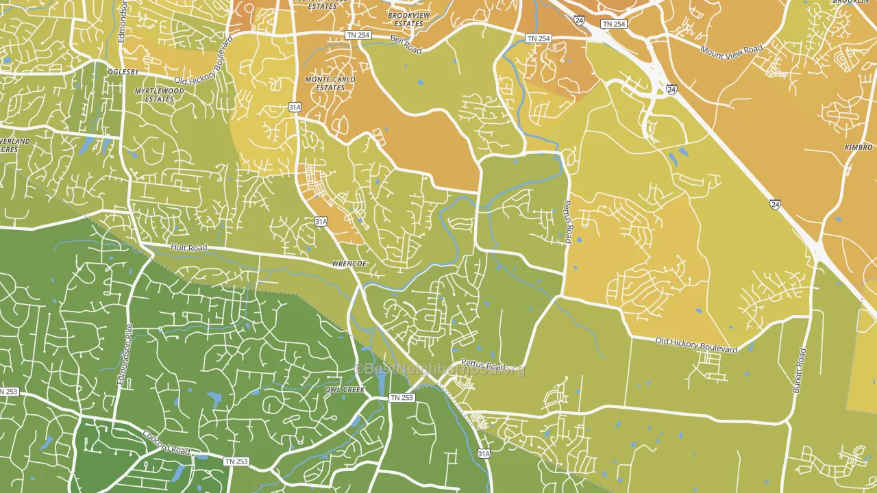 Map of the best neighborhoods in the Cane Ridge, Antioch area, with better matches in green and worse matches in red