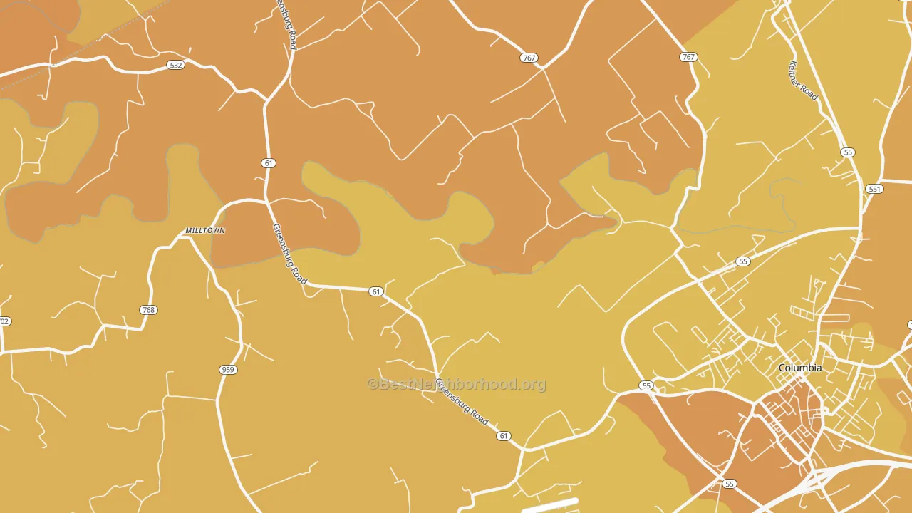 Map of the best neighborhoods in the Cane Valley area, with better matches in green and worse matches in red