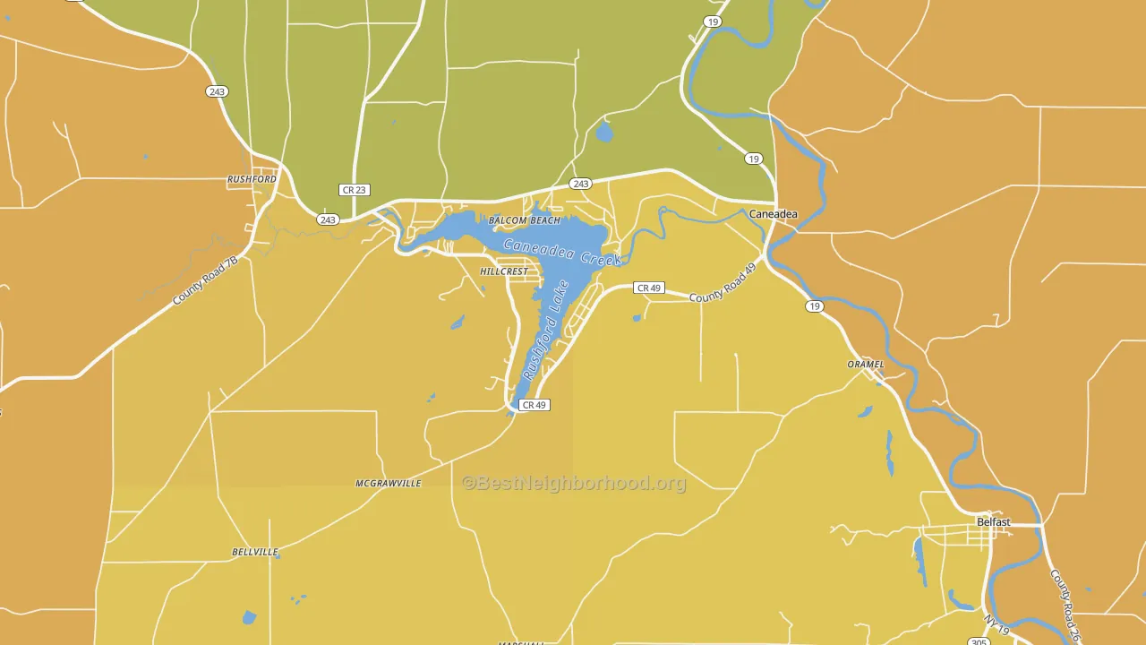 Map of the best neighborhoods in the Caneadea area, with better matches in green and worse matches in red