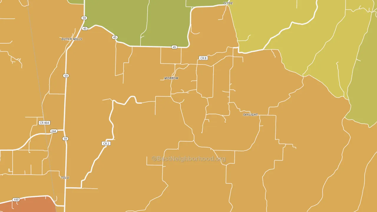 Map of the best neighborhoods in the Canehill area, with better matches in green and worse matches in red