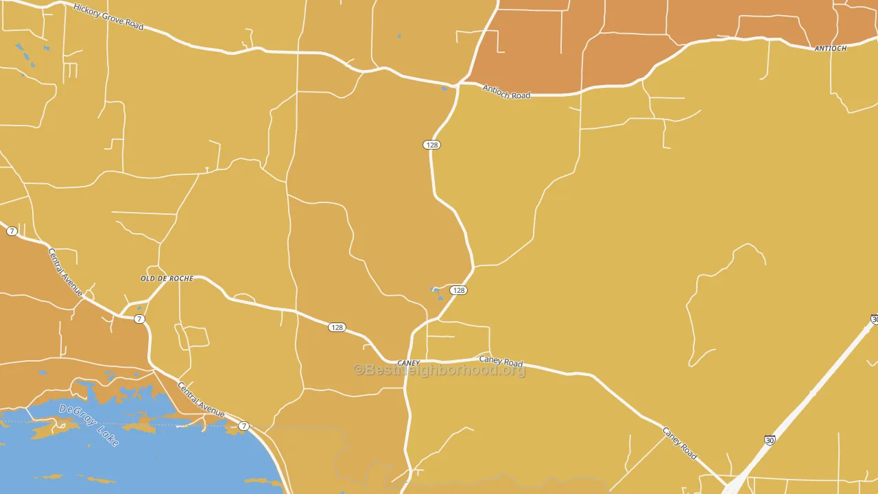 Map of the best neighborhoods in the Caney area, with better matches in green and worse matches in red