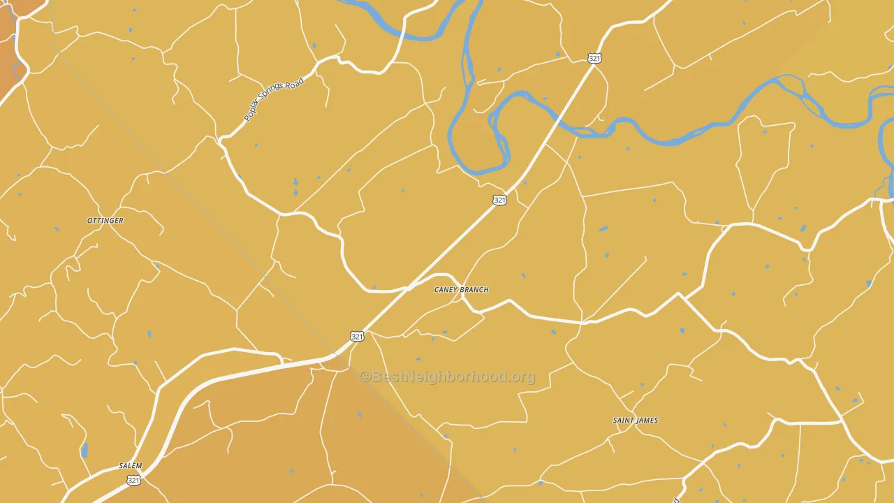Map of the best neighborhoods in the Caney Branch area, with better matches in green and worse matches in red
