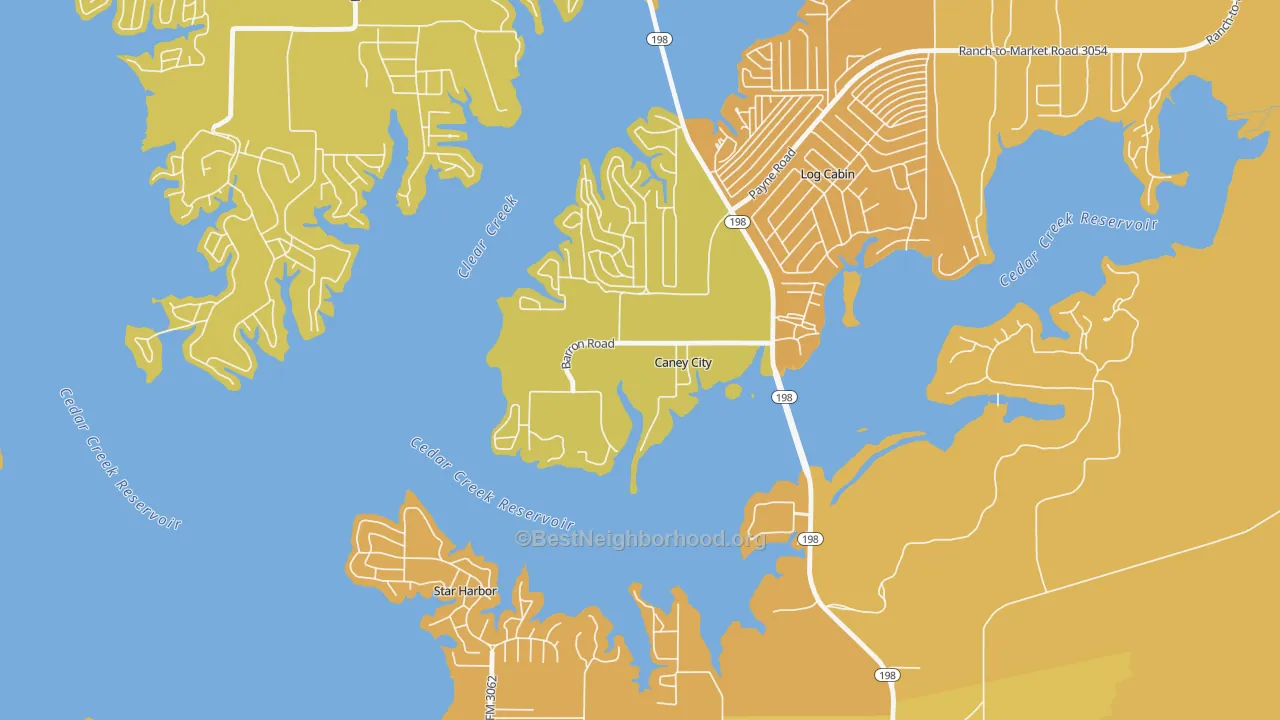 Map of the best neighborhoods in the Caney City area, with better matches in green and worse matches in red