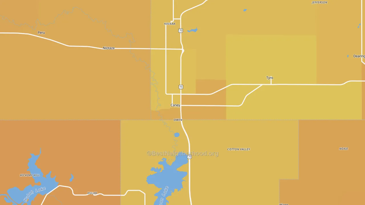 Map of the best neighborhoods in the Caney area, with better matches in green and worse matches in red