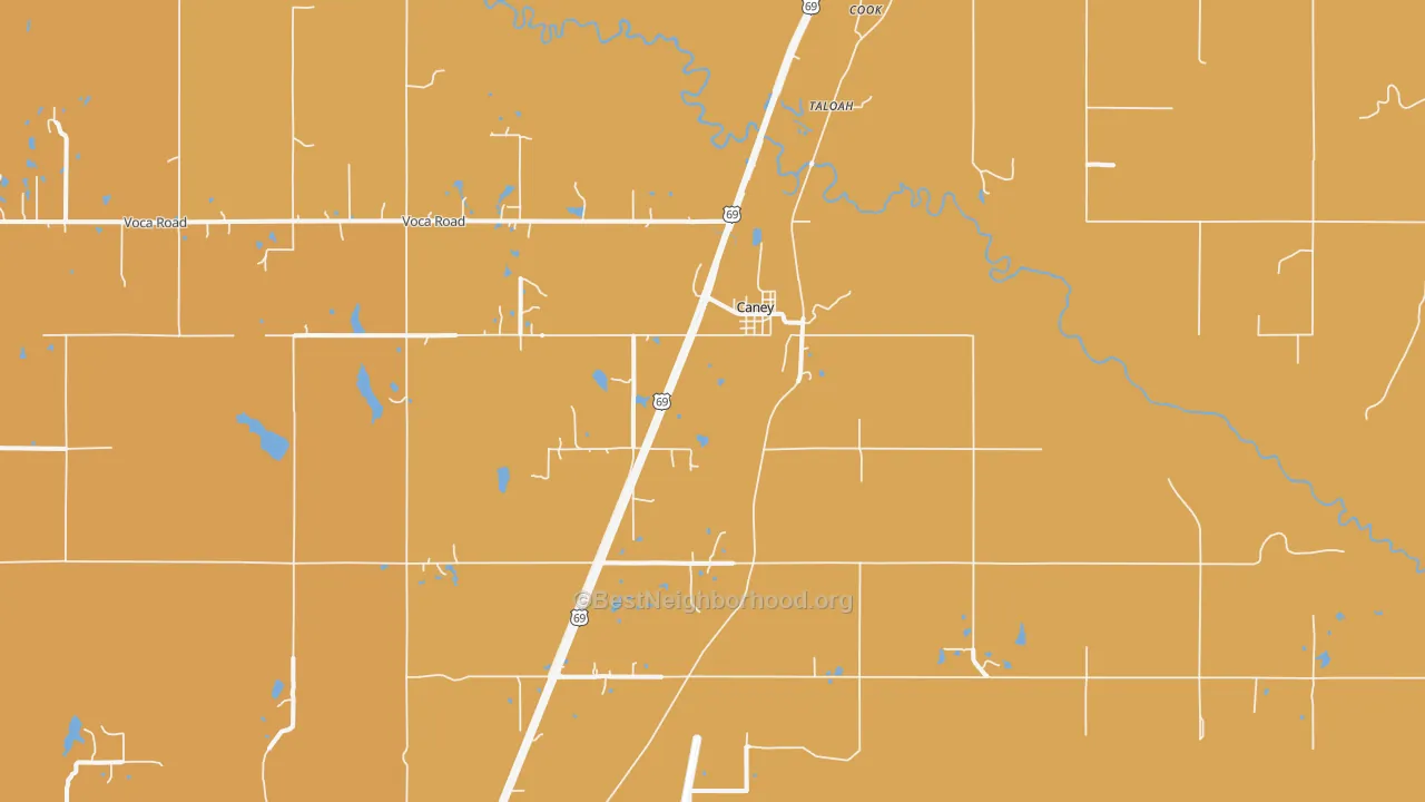 Map of the best neighborhoods in the Caney area, with better matches in green and worse matches in red