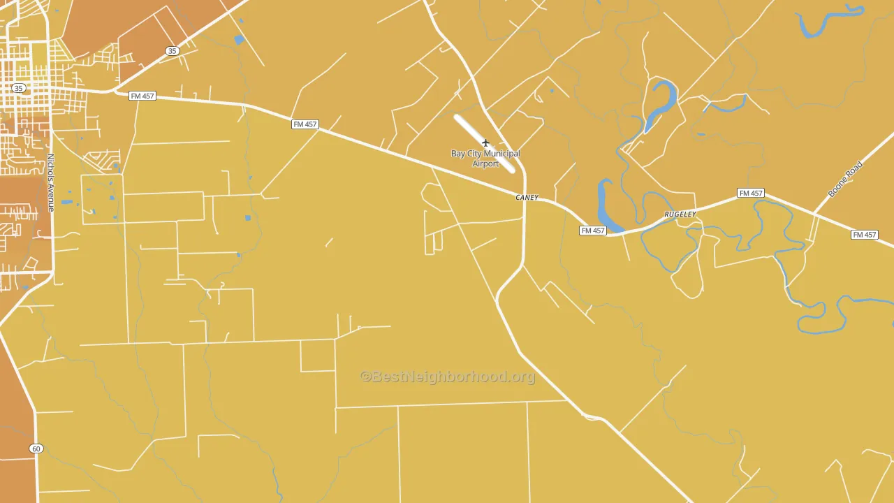 Map of the best neighborhoods in the Caney area, with better matches in green and worse matches in red