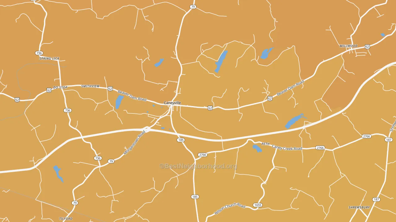 Map of the best neighborhoods in the Caneyville area, with better matches in green and worse matches in red