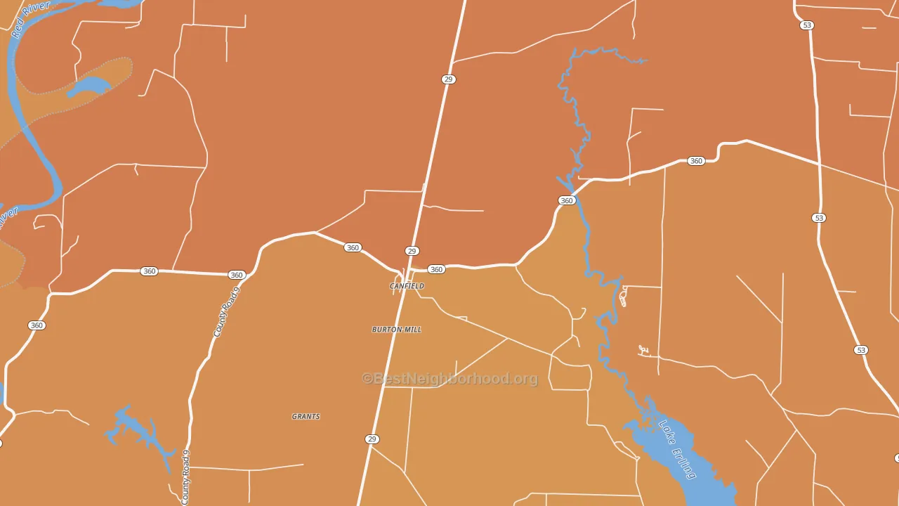 Map of the best neighborhoods in the Canfield area, with better matches in green and worse matches in red