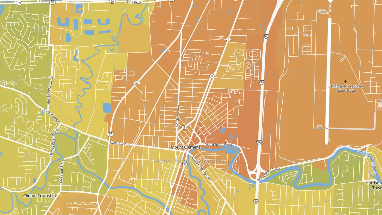 Map of the best neighborhoods in the Canfield Manor, Mount Clemens area, with better matches in green and worse matches in red
