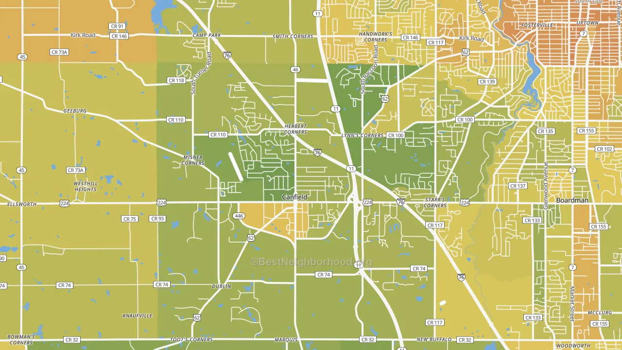 Map of the best neighborhoods in the Canfield area, with better matches in green and worse matches in red