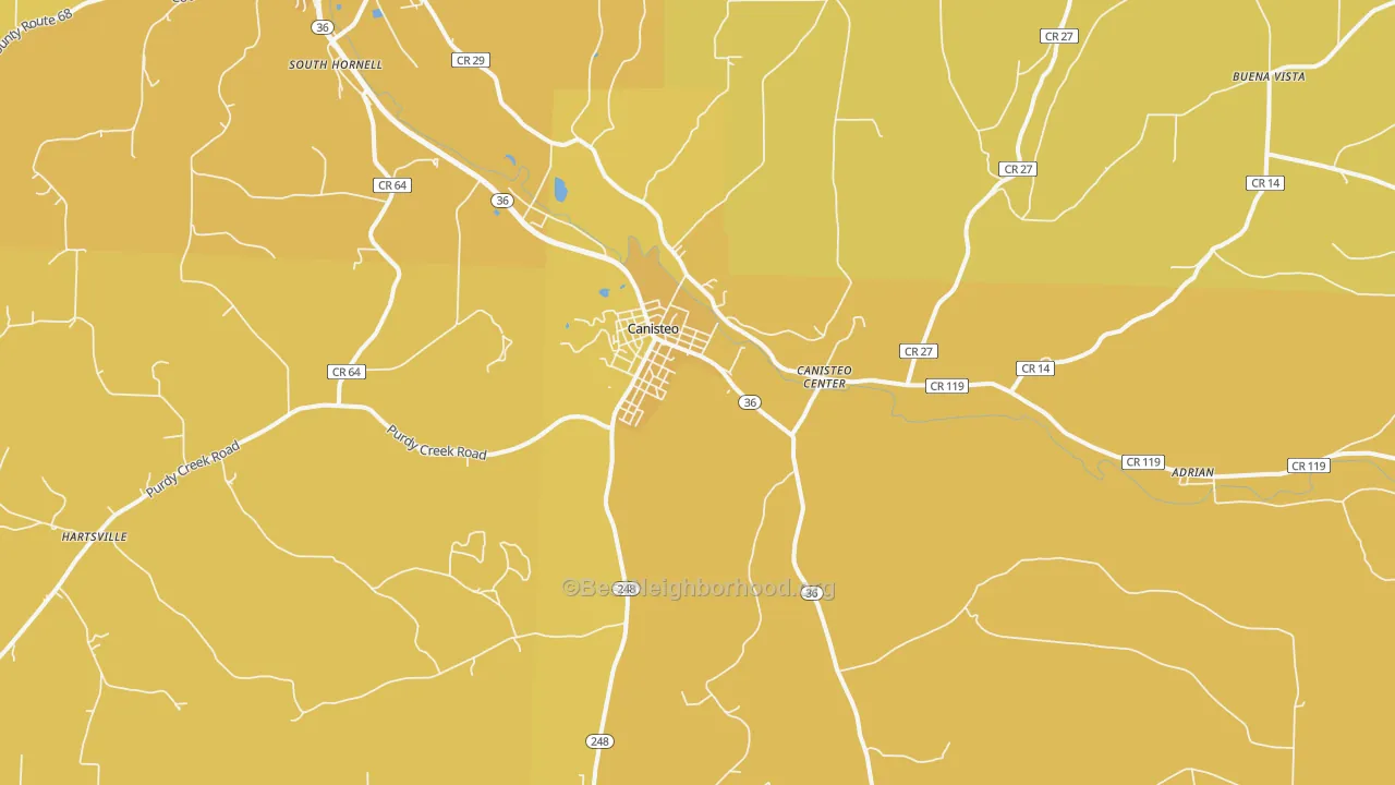Map of the best neighborhoods in the Canisteo area, with better matches in green and worse matches in red