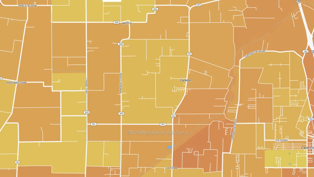 Map of the best neighborhoods in the Cankton area, with better matches in green and worse matches in red