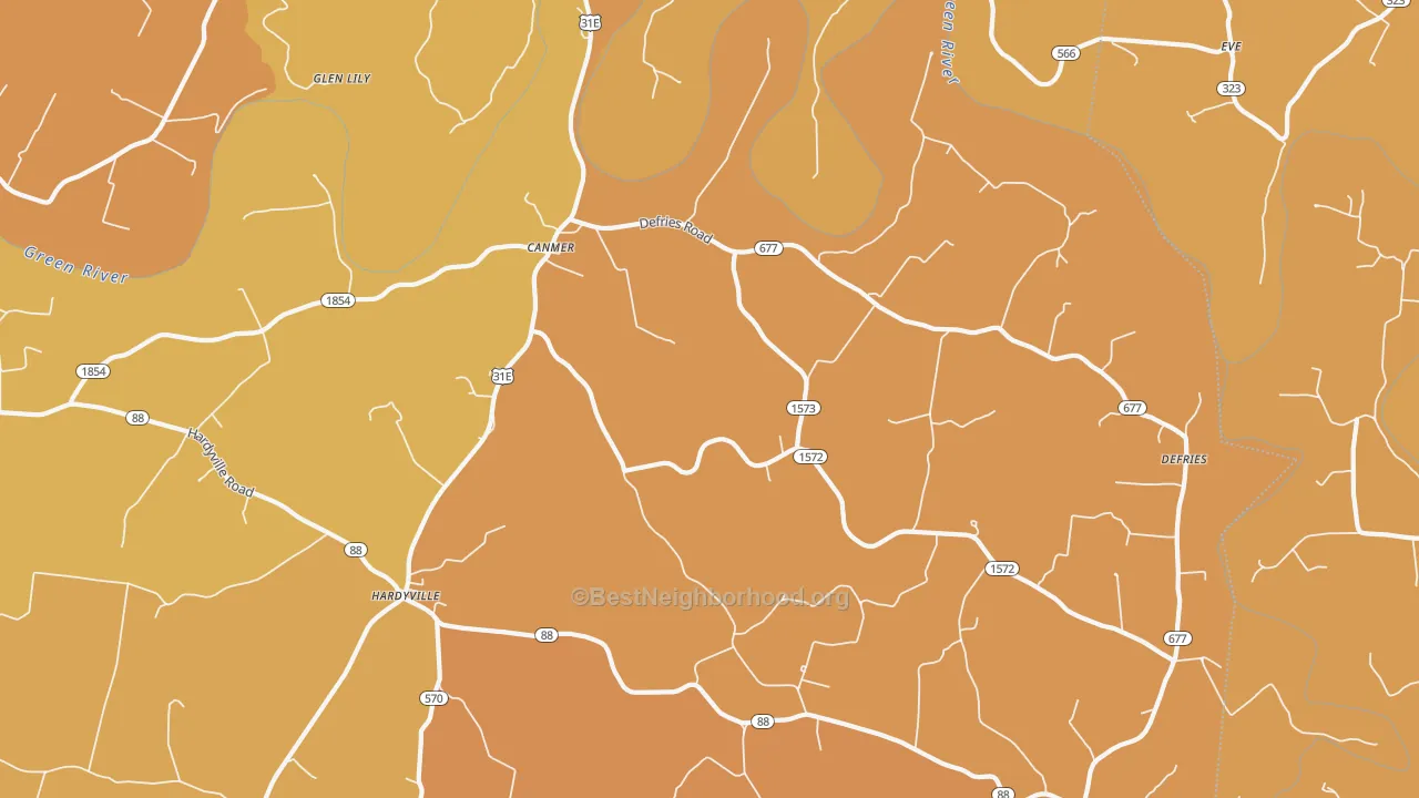 Map of the best neighborhoods in the Canmer area, with better matches in green and worse matches in red