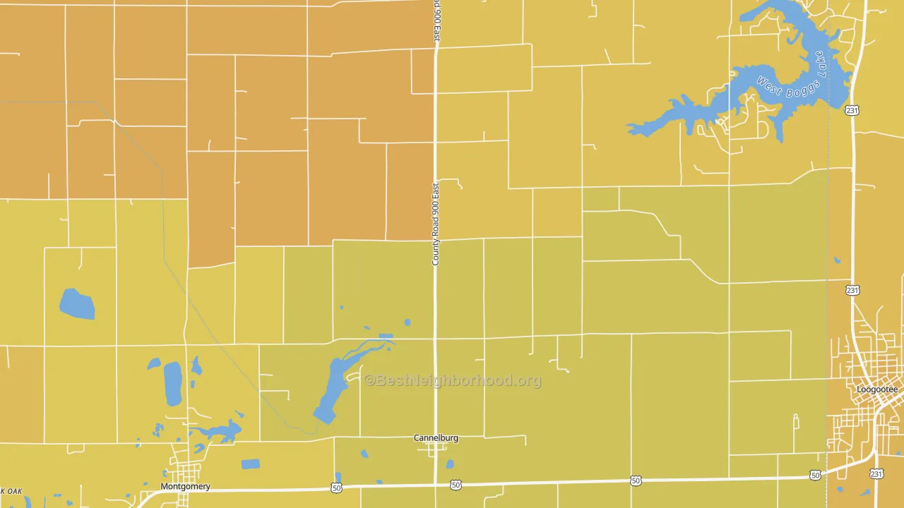 Map of the best neighborhoods in the Cannelburg area, with better matches in green and worse matches in red