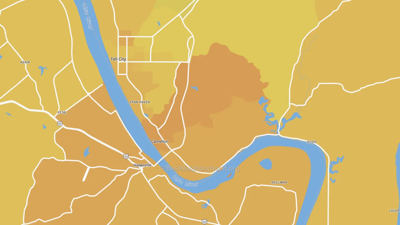 Map of the best neighborhoods in the Cannelton area, with better matches in green and worse matches in red