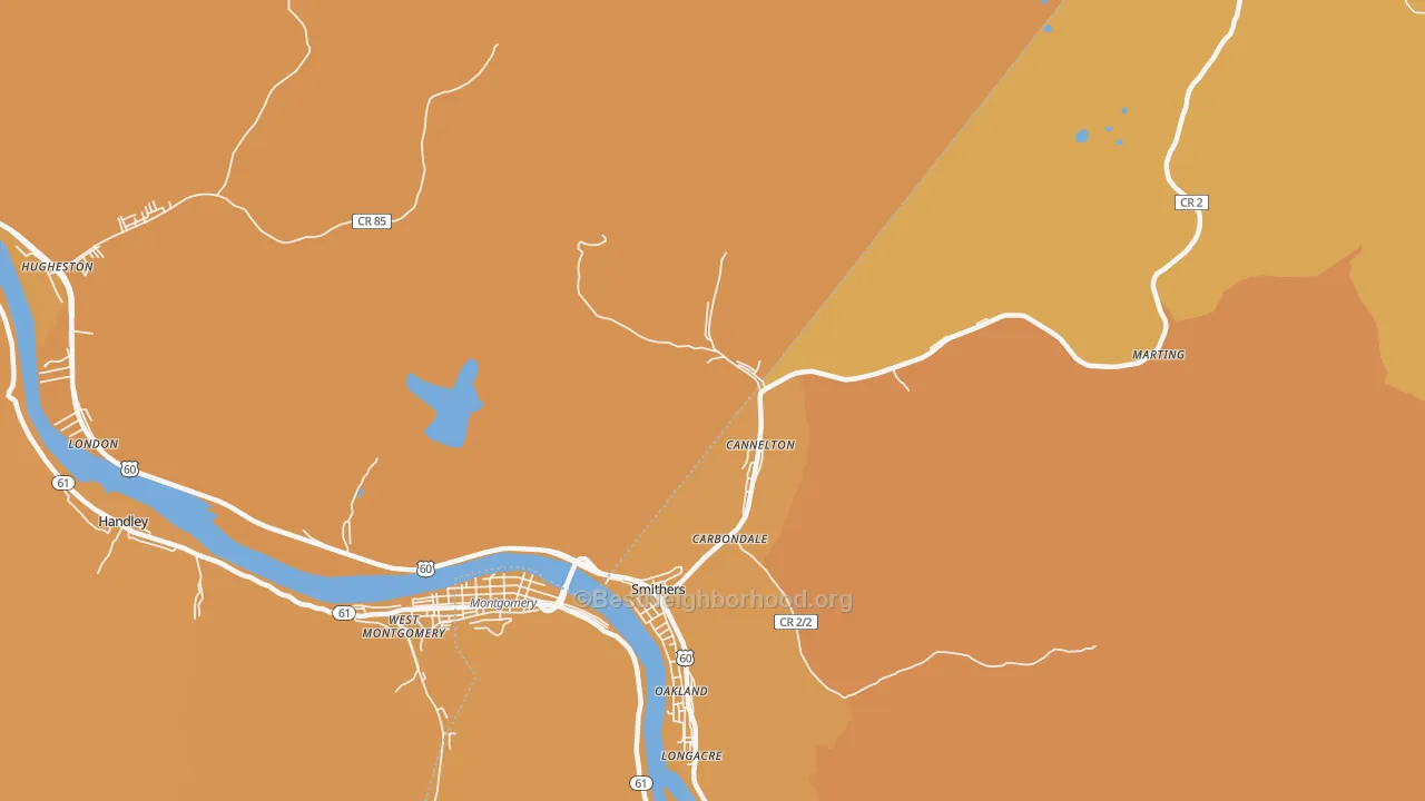 Map of the best neighborhoods in the Cannelton area, with better matches in green and worse matches in red