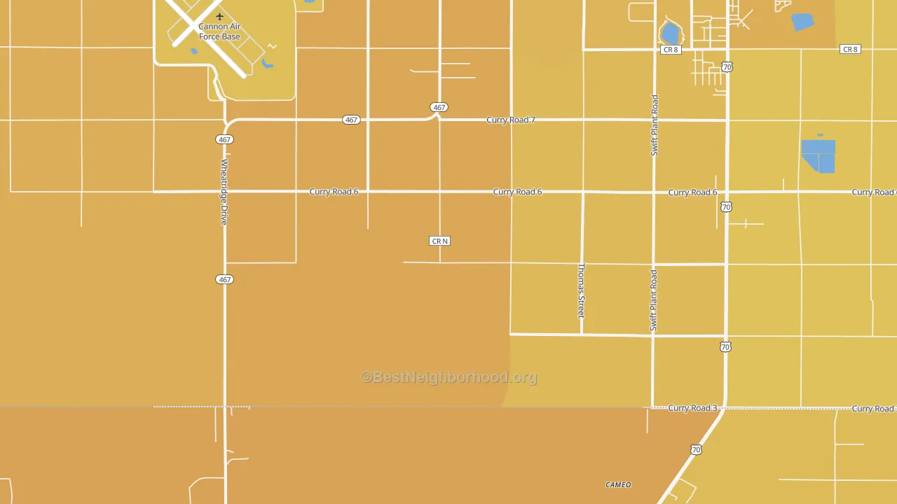 Map of the best neighborhoods in the Cannon Air Force Base area, with better matches in green and worse matches in red