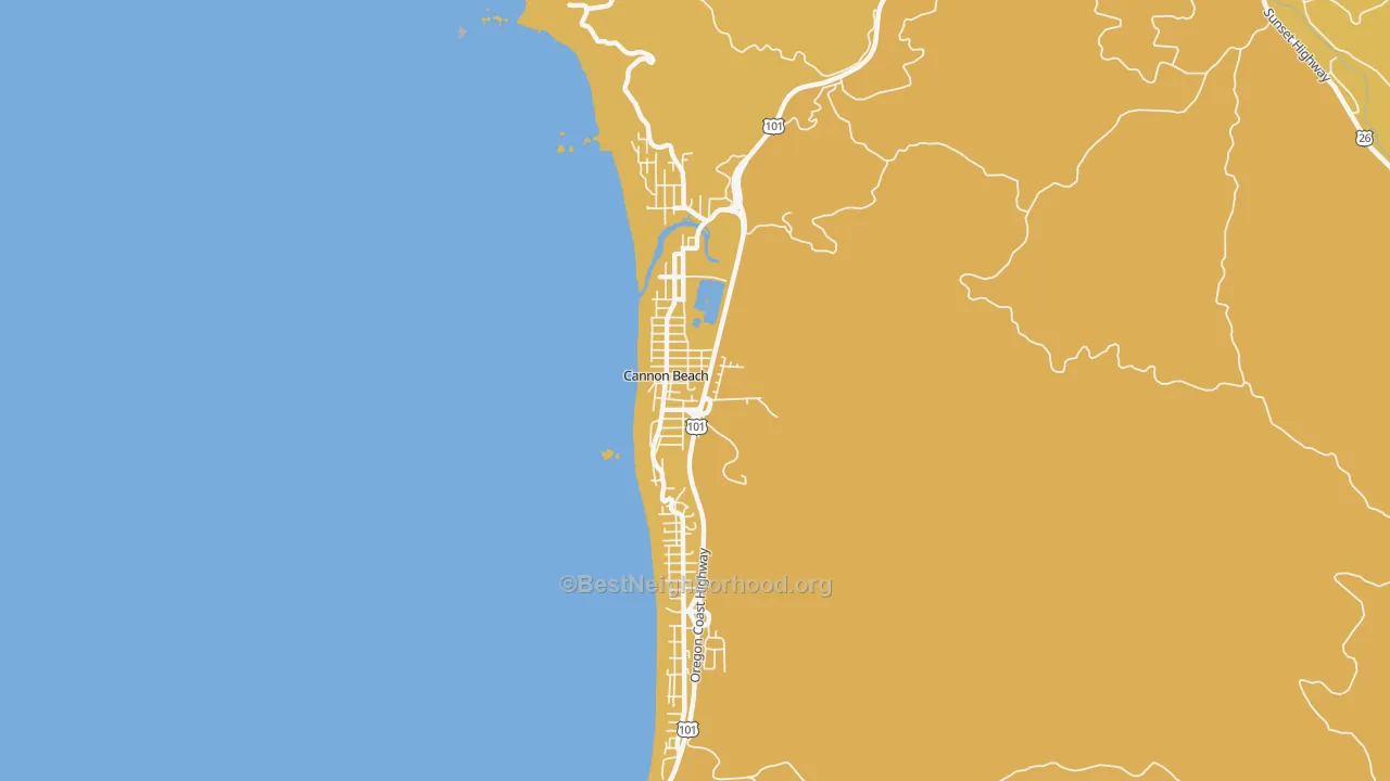 Map of the best neighborhoods in the Cannon Beach area, with better matches in green and worse matches in red