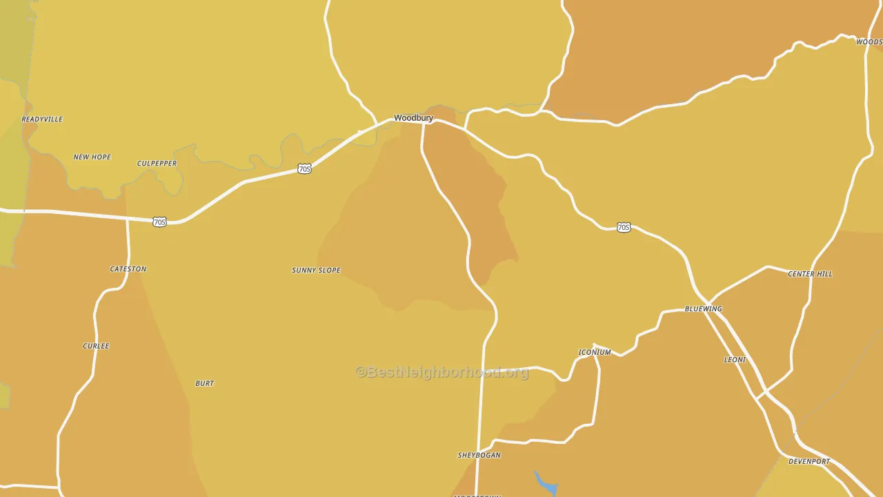Map of the best neighborhoods in the Cannon County area, with better matches in green and worse matches in red