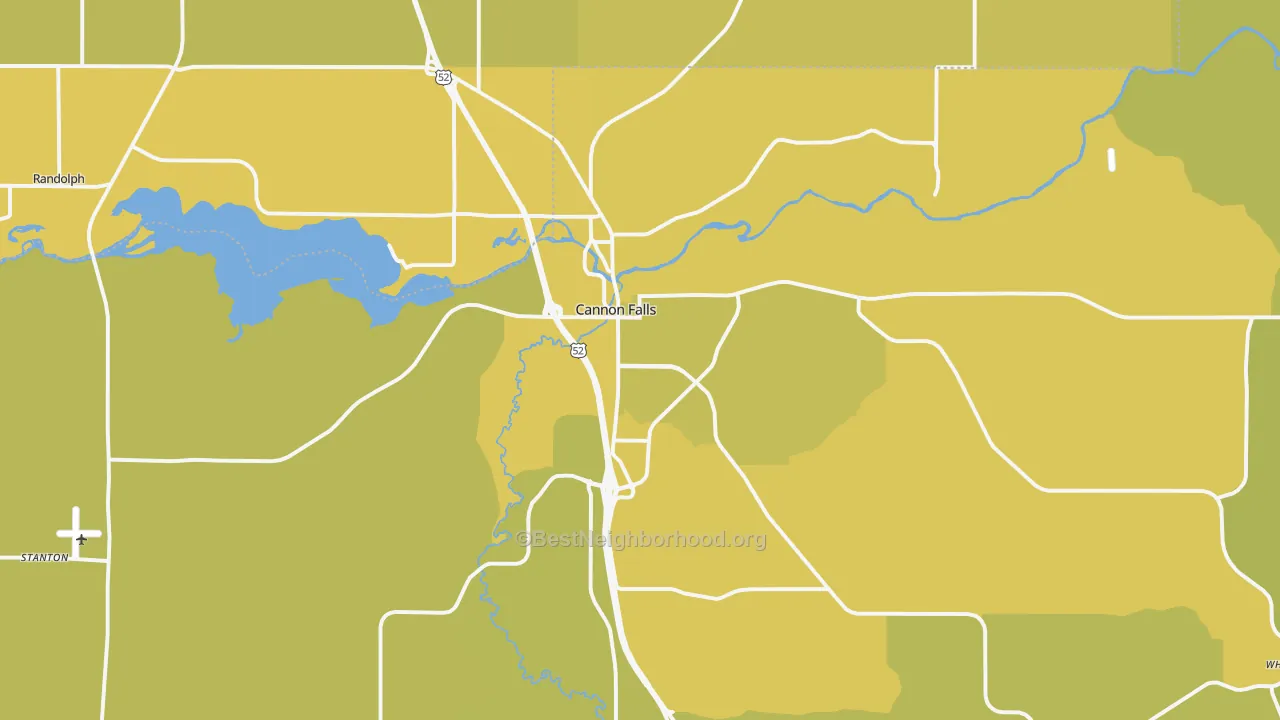 Map of the best neighborhoods in the Cannon Falls area, with better matches in green and worse matches in red