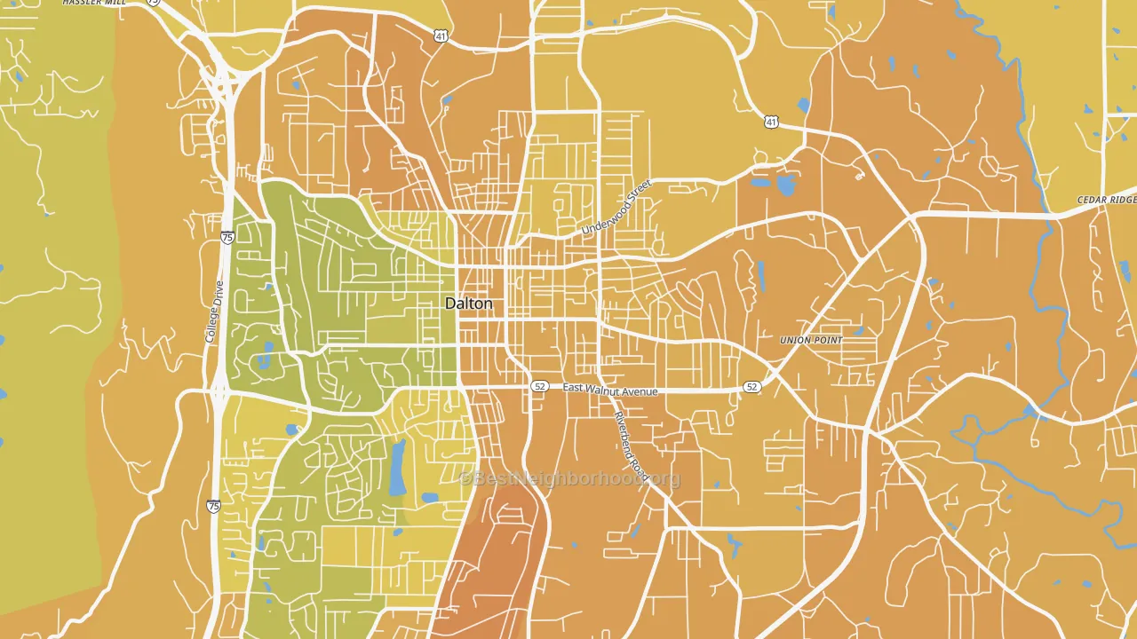 Map of the best neighborhoods in the Cannon Heights, Dalton area, with better matches in green and worse matches in red