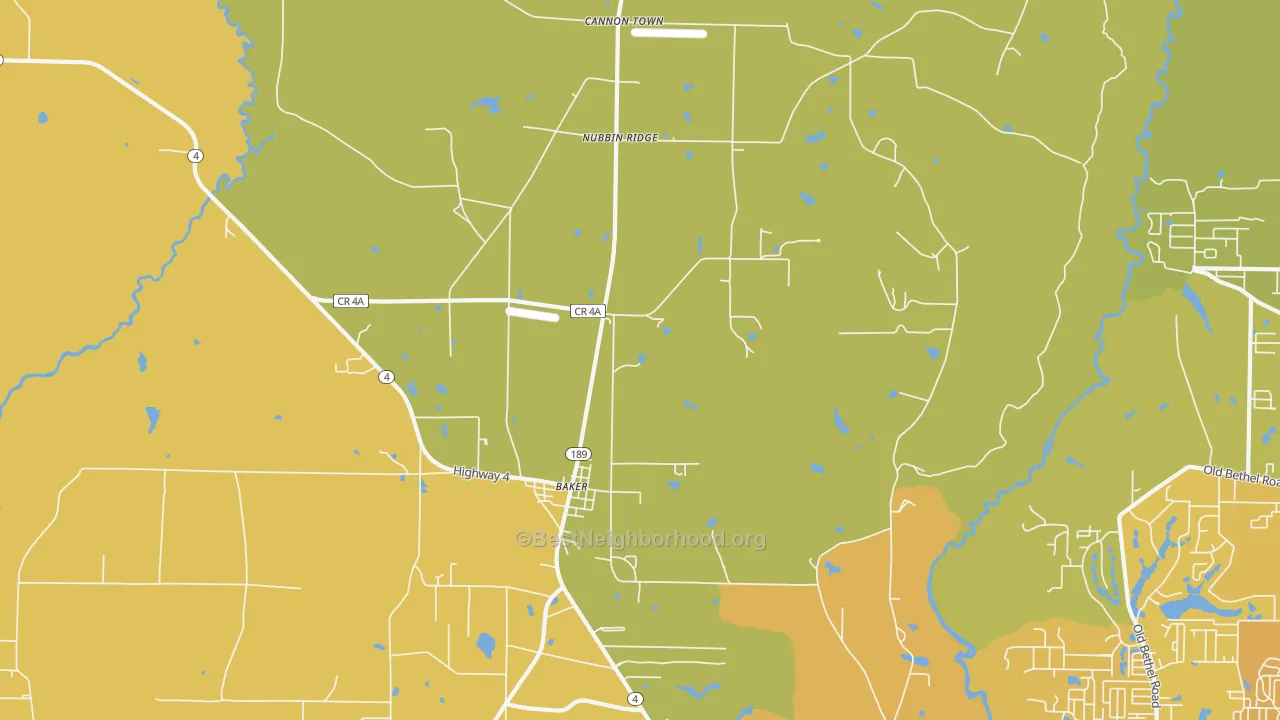 Map of the best neighborhoods in the Cannon Town area, with better matches in green and worse matches in red