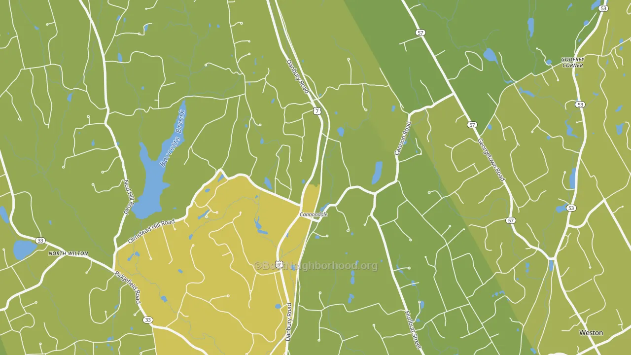 Map of the best neighborhoods in the Cannondale area, with better matches in green and worse matches in red