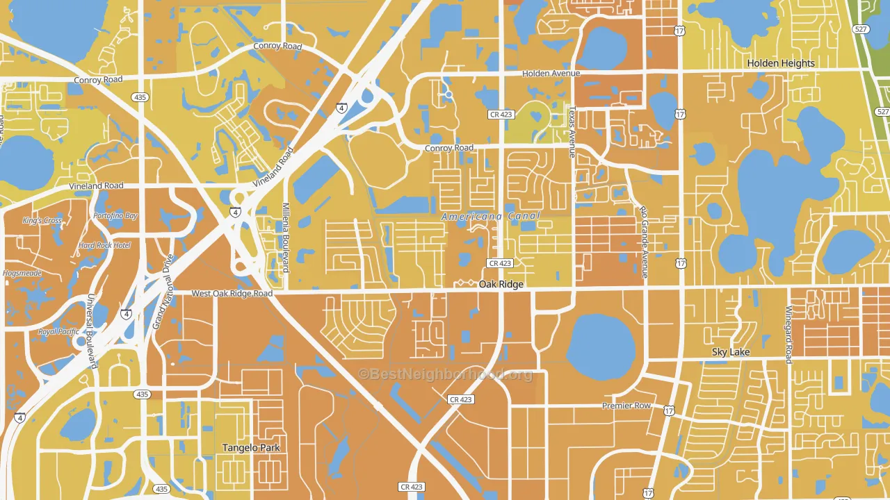 Map of the best neighborhoods in the Cannongate-Orlando, Oak Ridge area, with better matches in green and worse matches in red