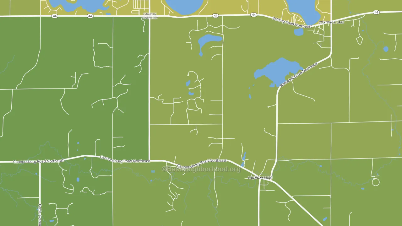 Map of the best neighborhoods in the Cannonsburg area, with better matches in green and worse matches in red