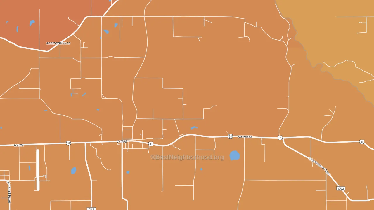 Map of the best neighborhoods in the Canoe area, with better matches in green and worse matches in red