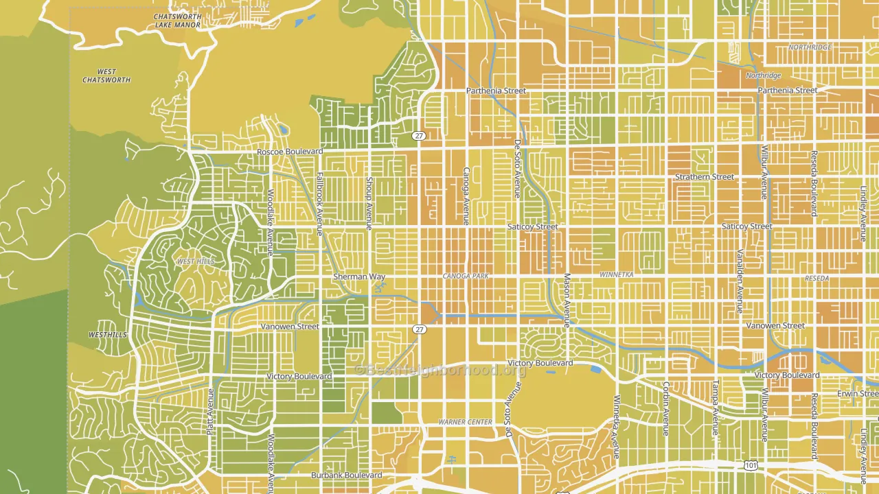 Map of the best neighborhoods in the Canoga Park area, with better matches in green and worse matches in red