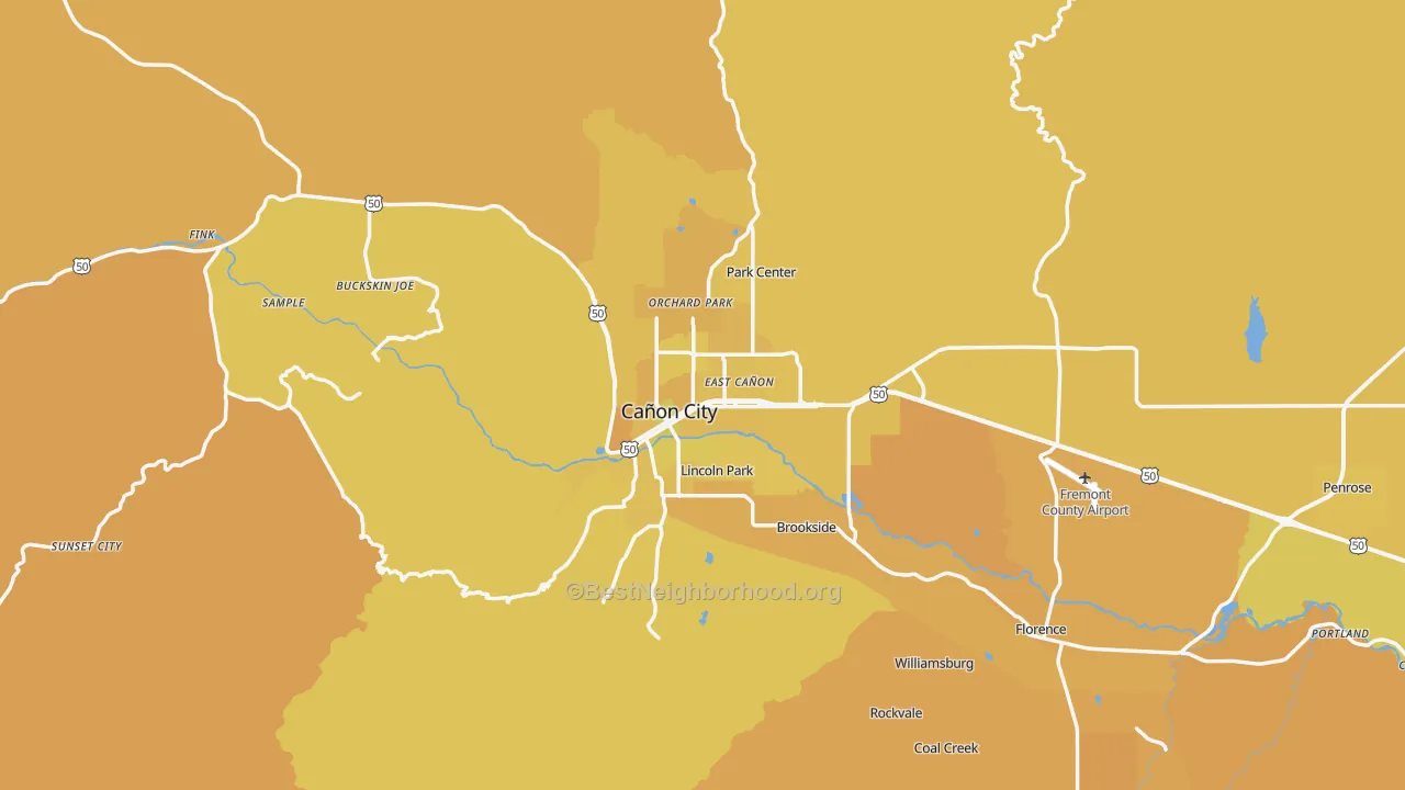 Map of the best neighborhoods in the Canon City area, with better matches in green and worse matches in red