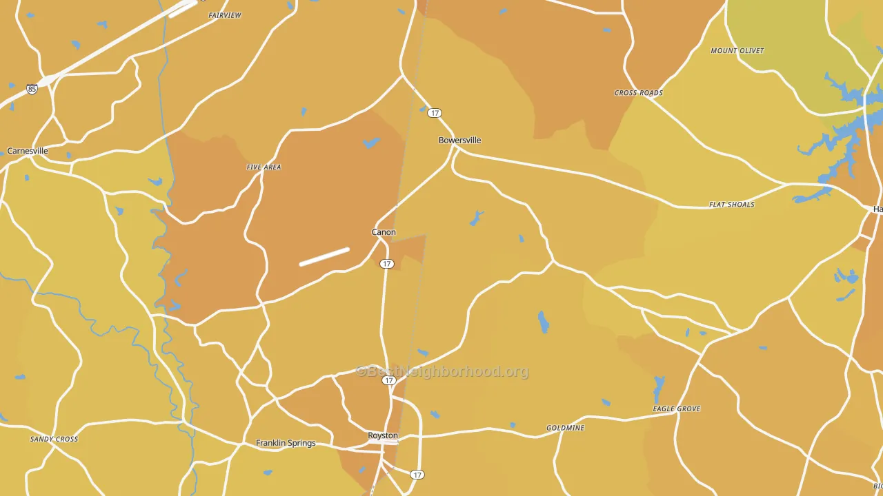Map of the best neighborhoods in the Canon area, with better matches in green and worse matches in red