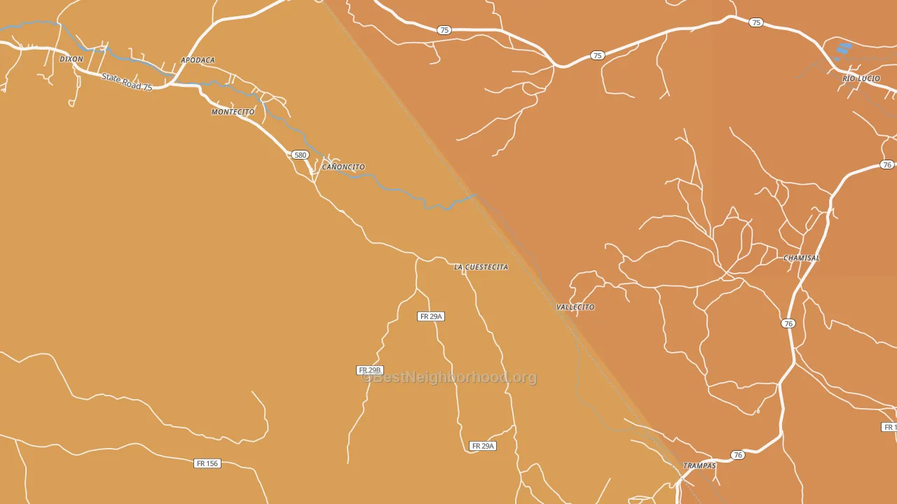 Map of the best neighborhoods in the Canoncito area, with better matches in green and worse matches in red