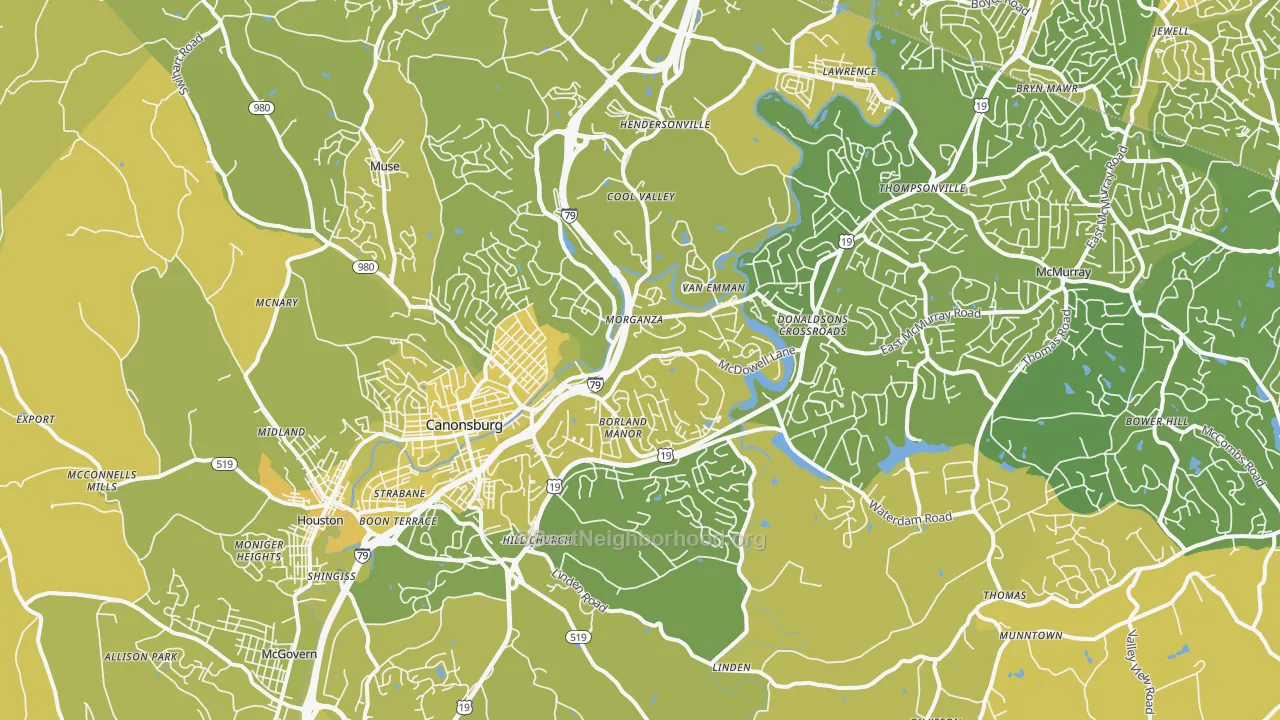 Map of the best neighborhoods in the Canonsburg area, with better matches in green and worse matches in red