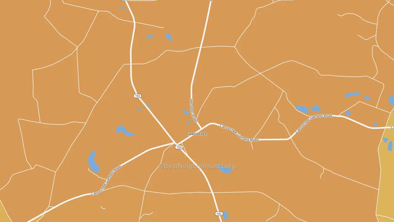 Map of the best neighborhoods in the Canoochee area, with better matches in green and worse matches in red