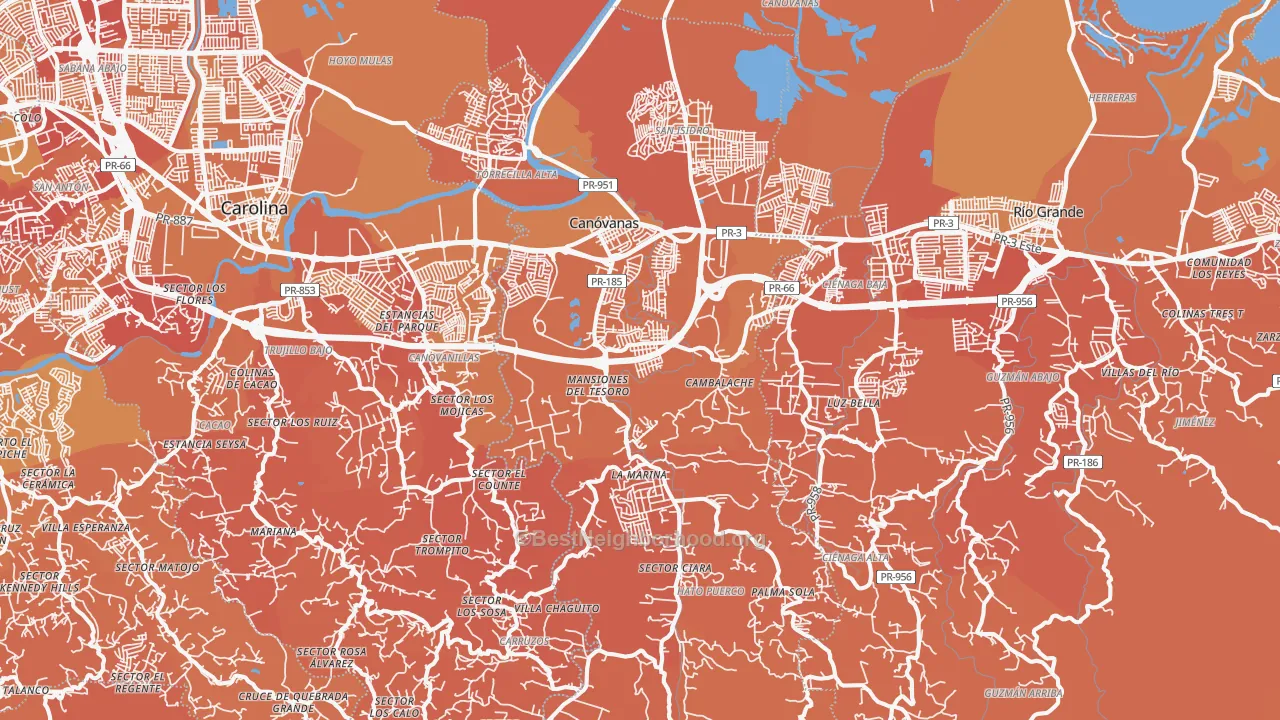 Map of the best neighborhoods in the Canovanas Municipio area, with better matches in green and worse matches in red