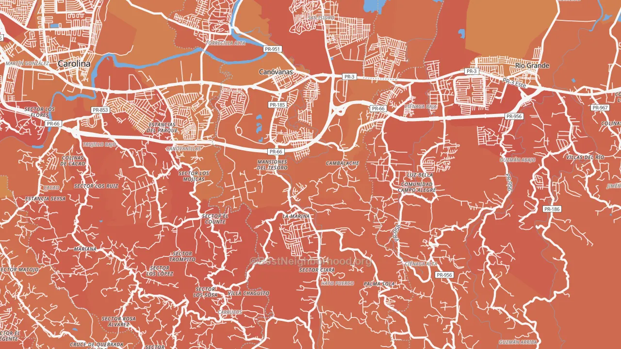 Map of the best neighborhoods in the Canovanas area, with better matches in green and worse matches in red