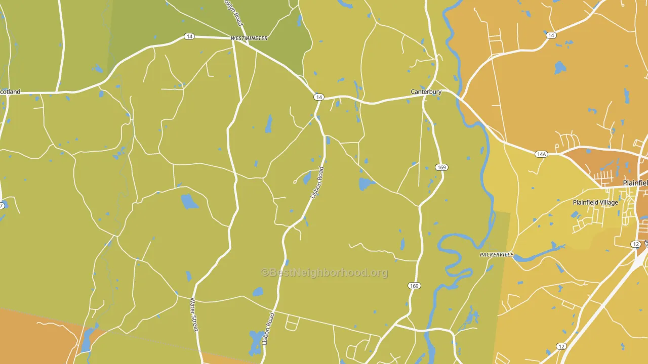 Map of the best neighborhoods in the Canterbury area, with better matches in green and worse matches in red