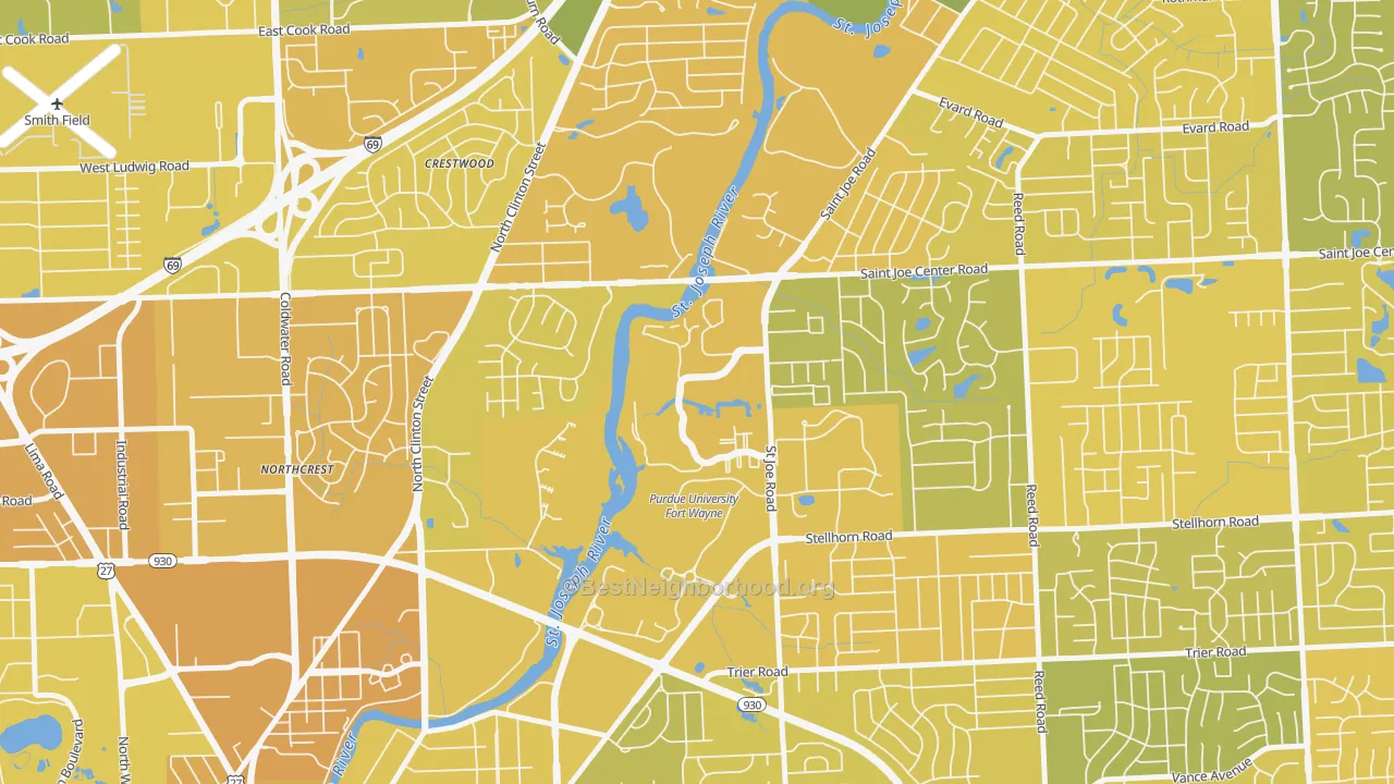 Map of the best neighborhoods in the Canterbury Green, Fort Wayne area, with better matches in green and worse matches in red