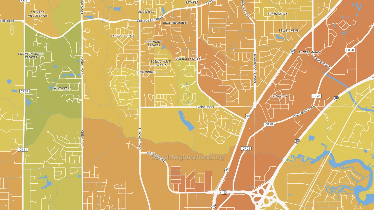 Map of the best neighborhoods in the Canterbury, Mobile area, with better matches in green and worse matches in red
