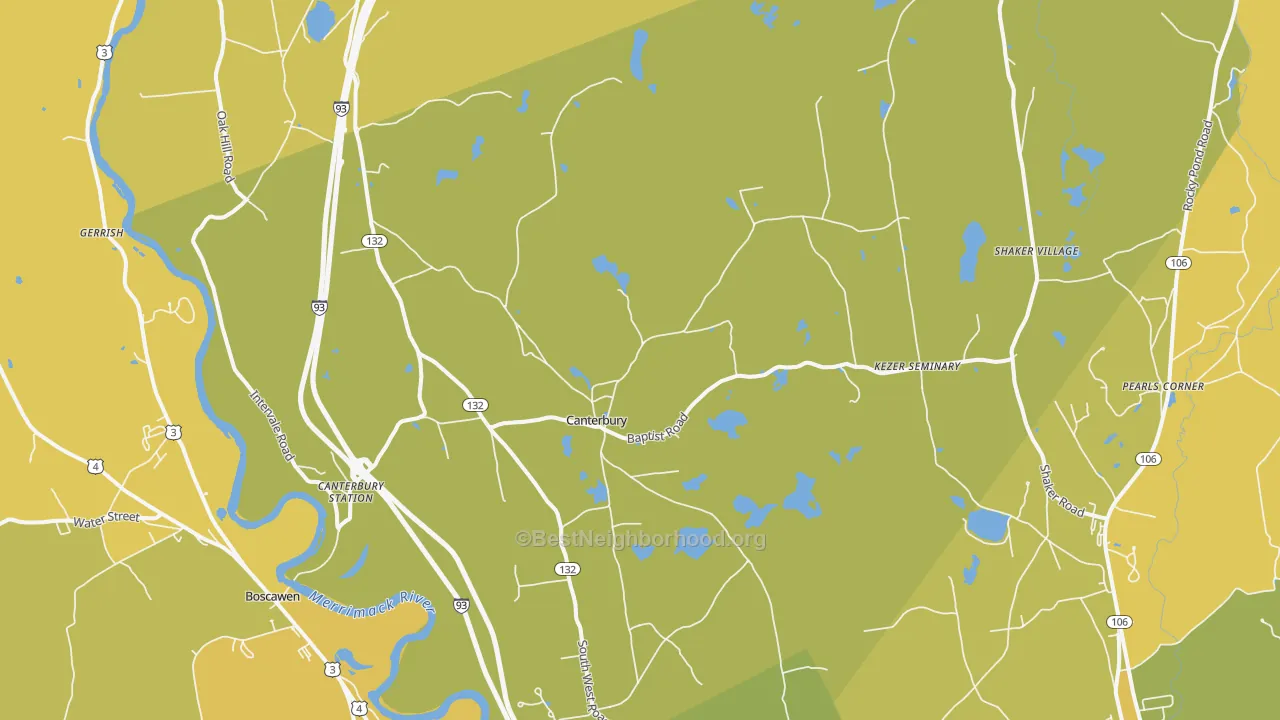 Map of the best neighborhoods in the Canterbury area, with better matches in green and worse matches in red