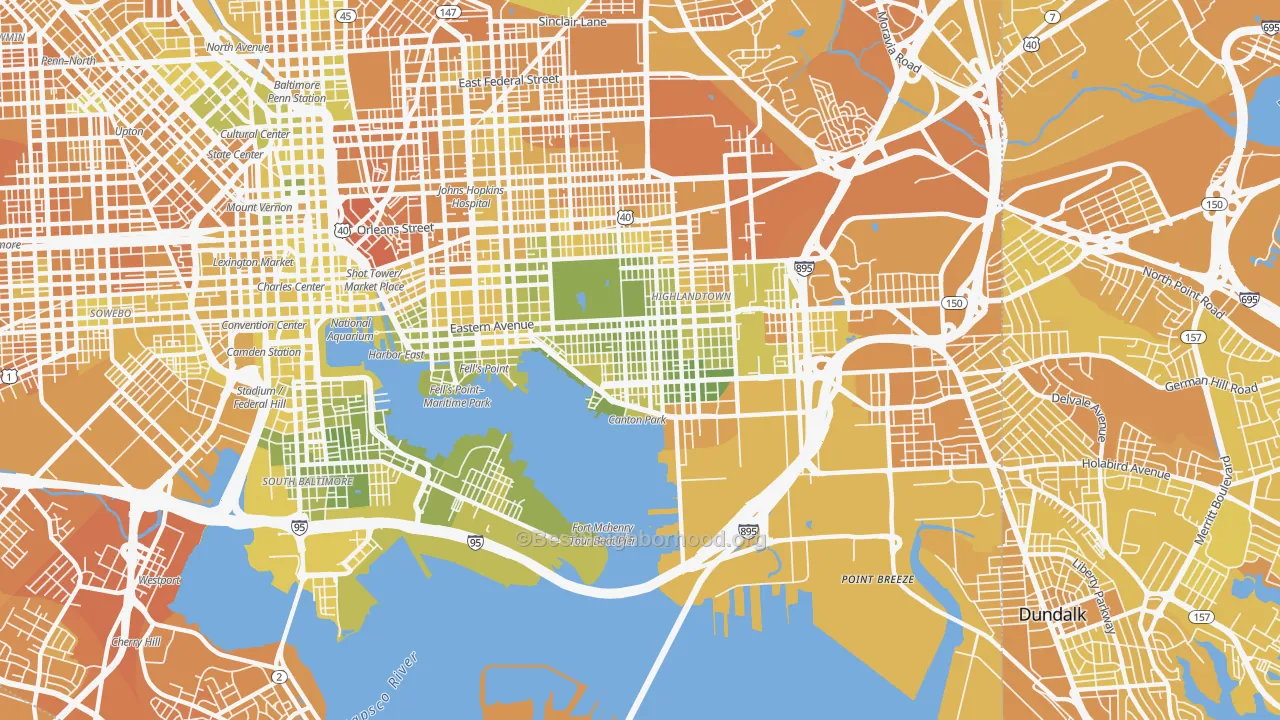 Map of the best neighborhoods in the Canton, Baltimore area, with better matches in green and worse matches in red