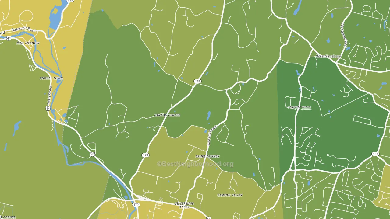Map of the best neighborhoods in the Canton Center area, with better matches in green and worse matches in red