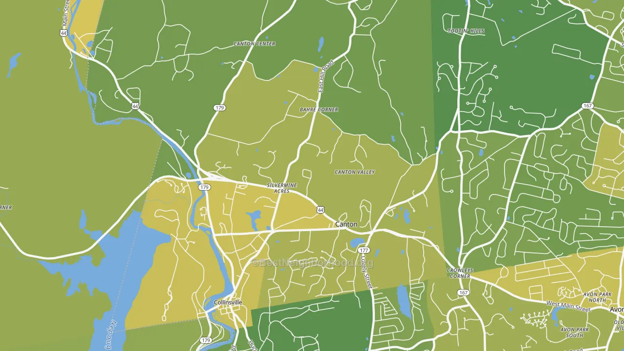Map of the best neighborhoods in the Canton area, with better matches in green and worse matches in red