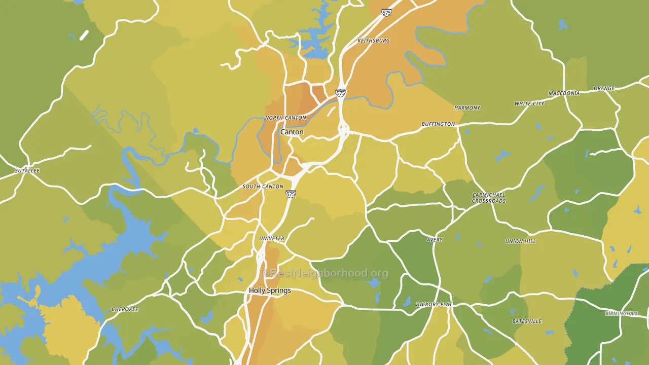 Map of the best neighborhoods in the Canton area, with better matches in green and worse matches in red