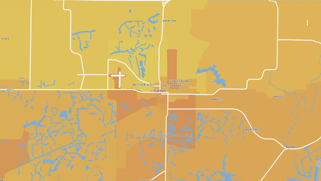 Map of the best neighborhoods in the Canton area, with better matches in green and worse matches in red