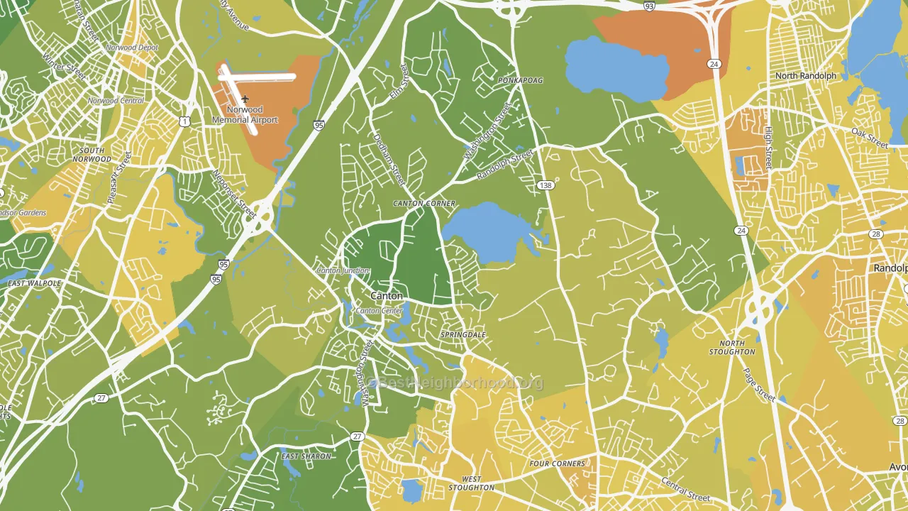 Map of the best neighborhoods in the Canton area, with better matches in green and worse matches in red